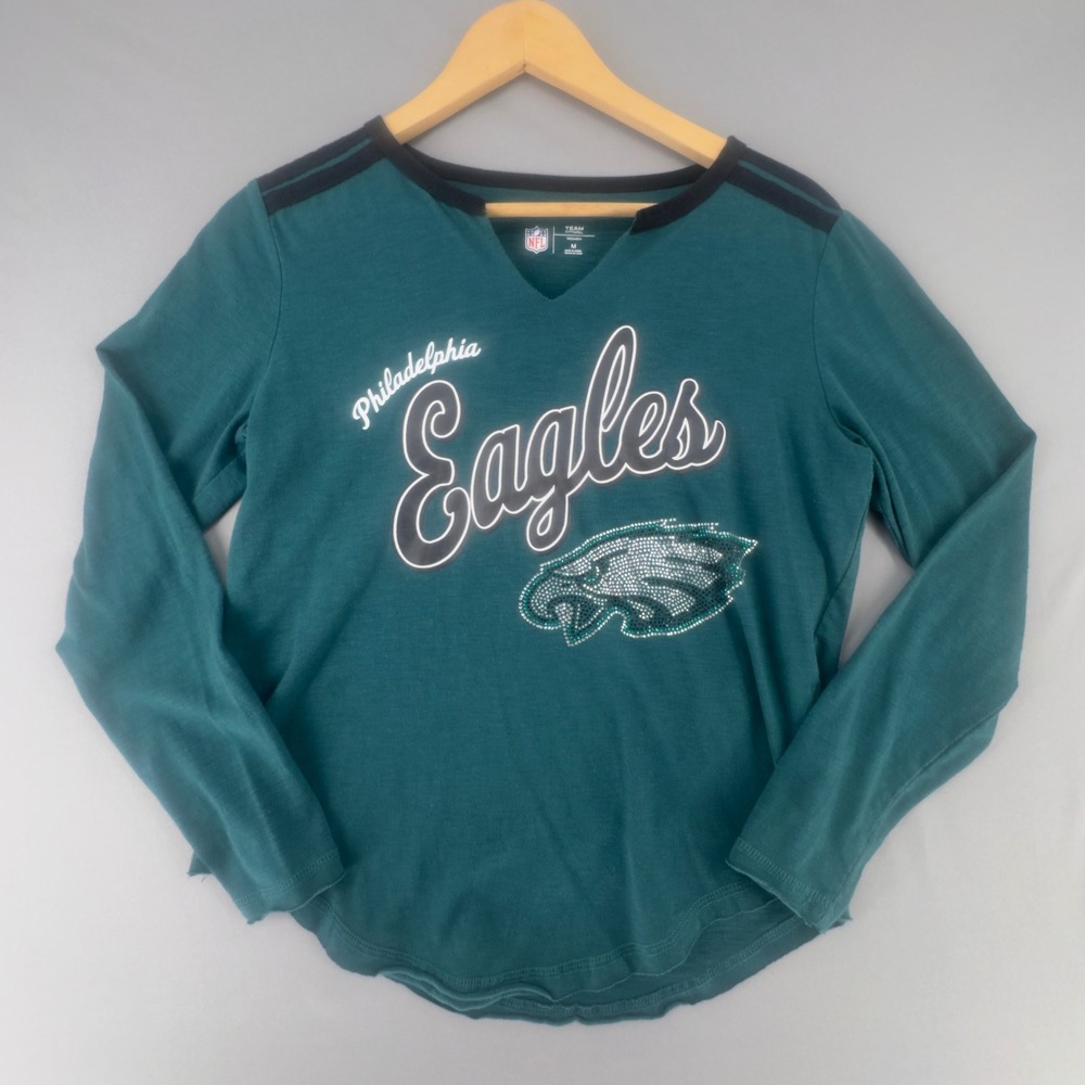 NFL Philadelphia Eagles Women M Green Rhinestone Long Sleeve V-Neck Top G-III